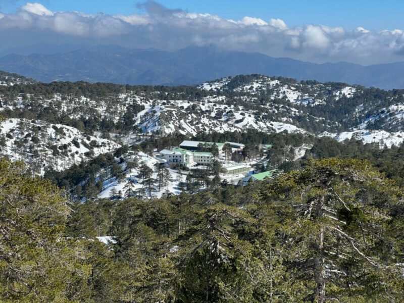 A picturesque view of the snowy mountains of Troodos in Cyprus