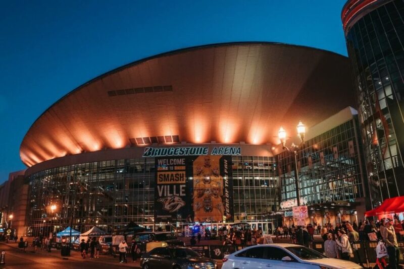 Modern sports arena in Nashville at night