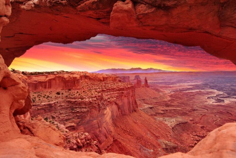 Colorful Sunrise in Mesa Arch, Canyonlands National Park near Moab, Utah, USA