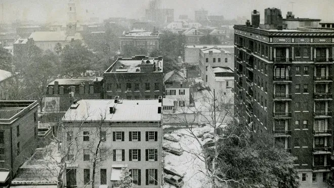 Snowy Rooftops seen from the DeSoto Hilton in this Jan. 1977 photo | Does it Snow in Savannah, Georgia?
