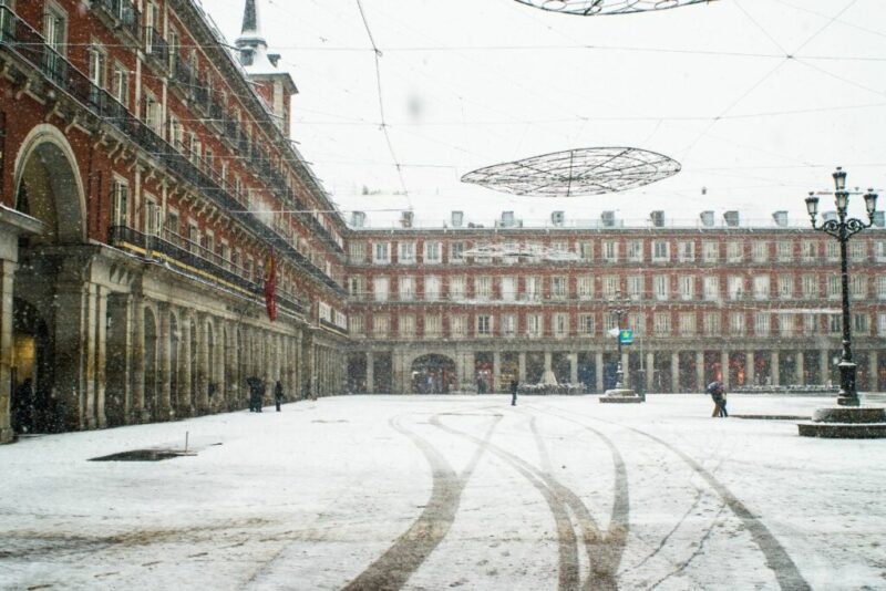 Snowing in Madrid Main Square