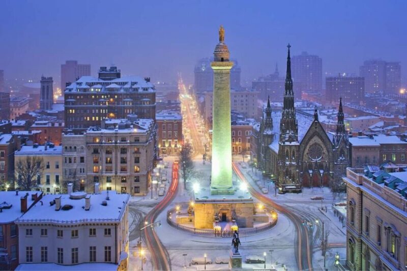 Washington Monument, Mount Vernon Place, Baltimore | Does it Snow in Baltimore, Maryland?